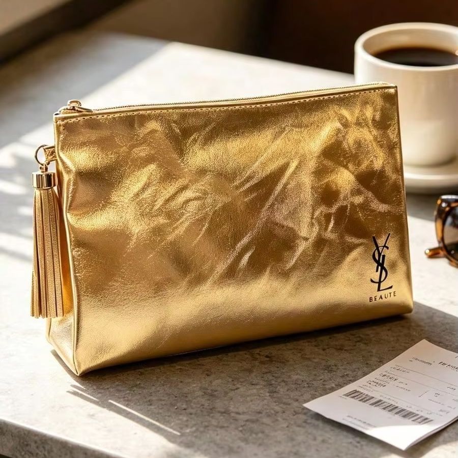 Ysl Beauty Makeup Bag - YSL Beaute Metalik Altın Fermuarlı Kozmetik